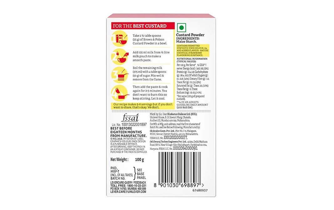 Brown & Polson Custard Powder Strawberry (Dessert Delight)   Box  100 grams
